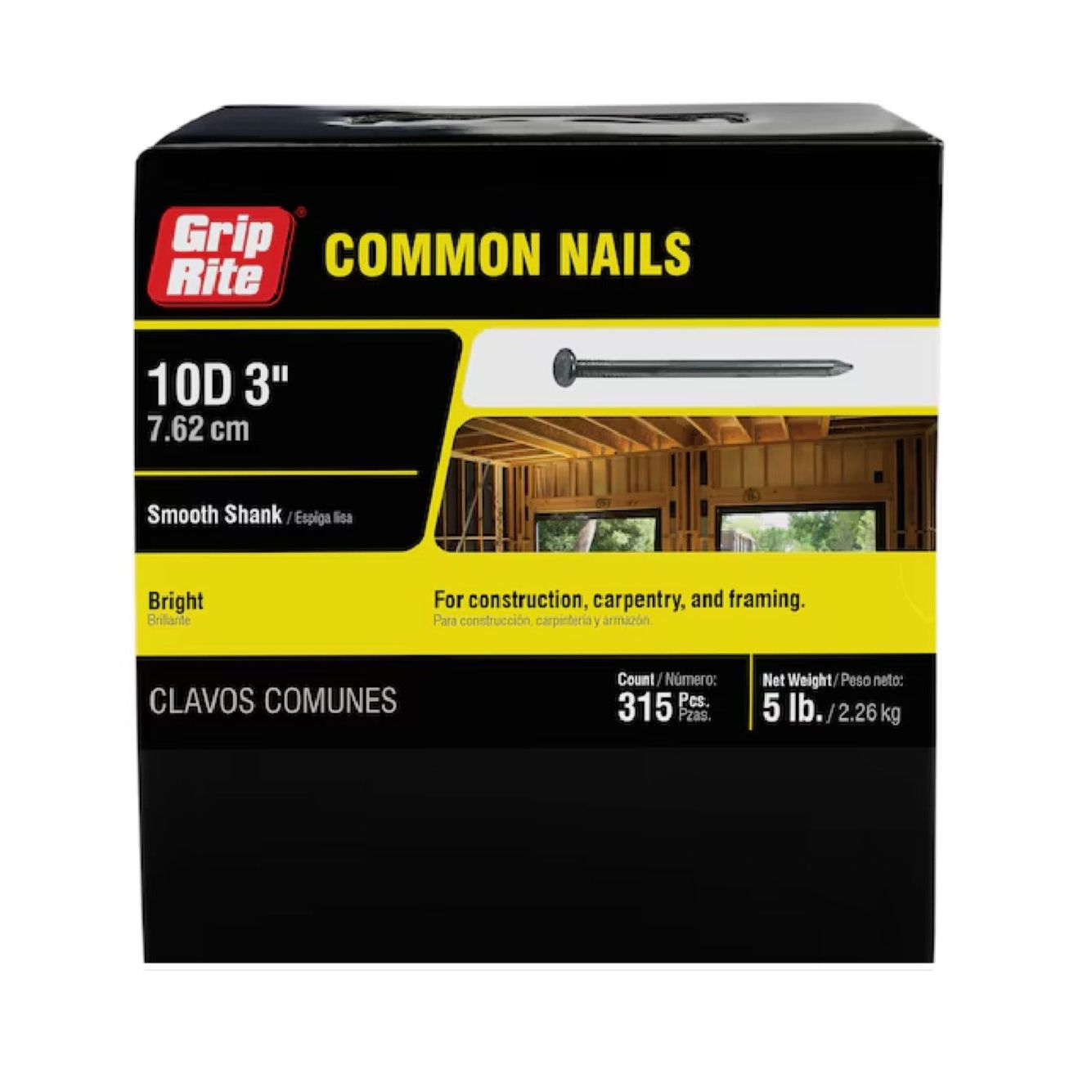 The GRIP-RITE 10C5 #9 x 3 in. 10D Bright Common Nails (5 lb.) pack includes 315 nails ideal for construction, carpentry, and framing with box imagery of building framing.